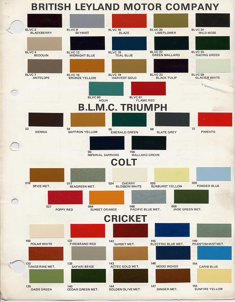 BMC British Leyland Paint Code Chips 1970-1972
